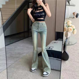 加绒复古微喇牛仔裤女宽松弹力时尚直筒裤阔腿长裤