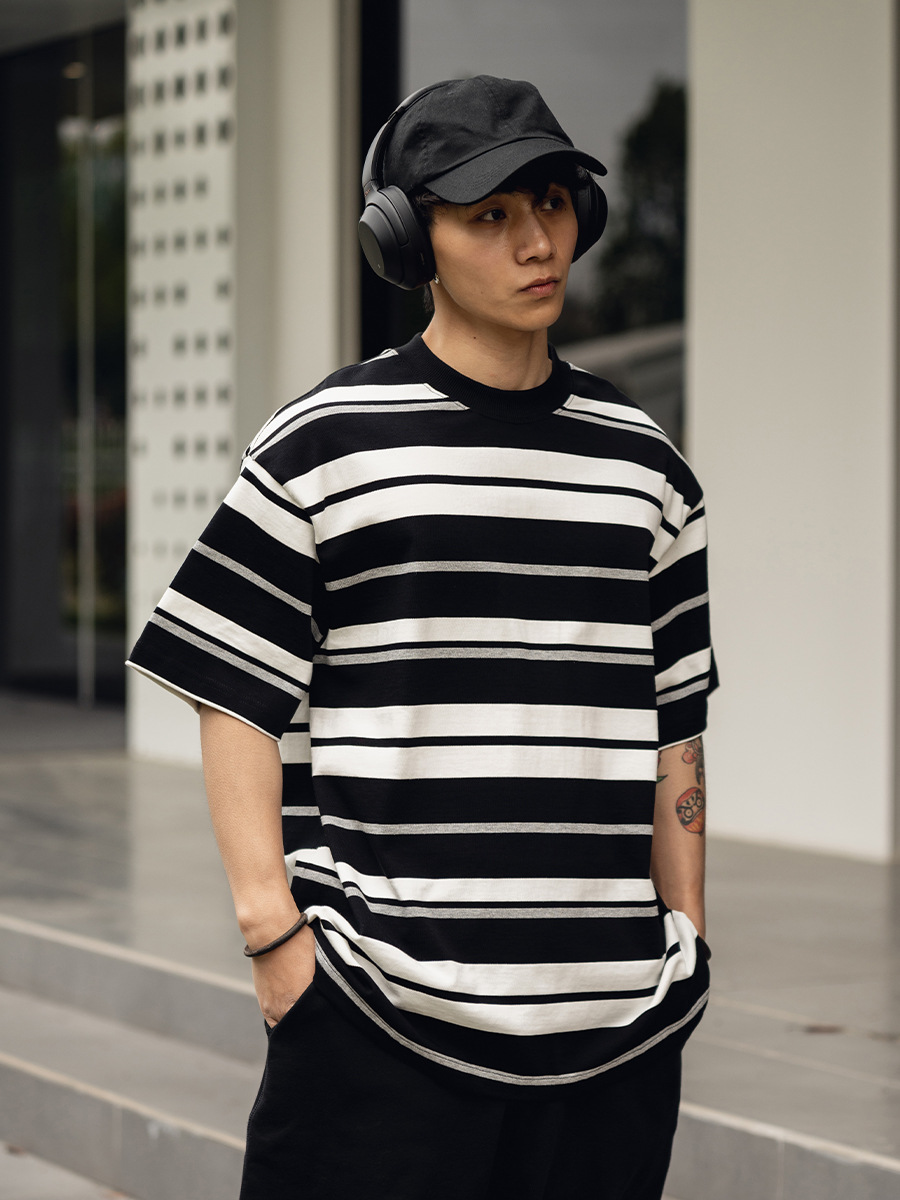 TRS 日潮シリーズ | 26SS特注織り310Gダブルヤーンラウンドネックストライプ半袖ルーズフィットドロップショルダー五分袖Tシャツメンズ