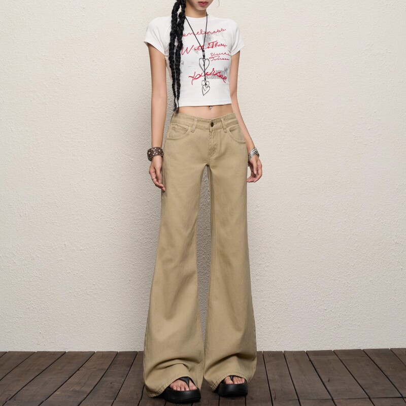 Khaki Flared Jeans for Women, Autumn and Winter, Plus Size, American Style, Low Waist, Loose, Slimming, Versatile, Wide-Leg, Floor-Length Pants