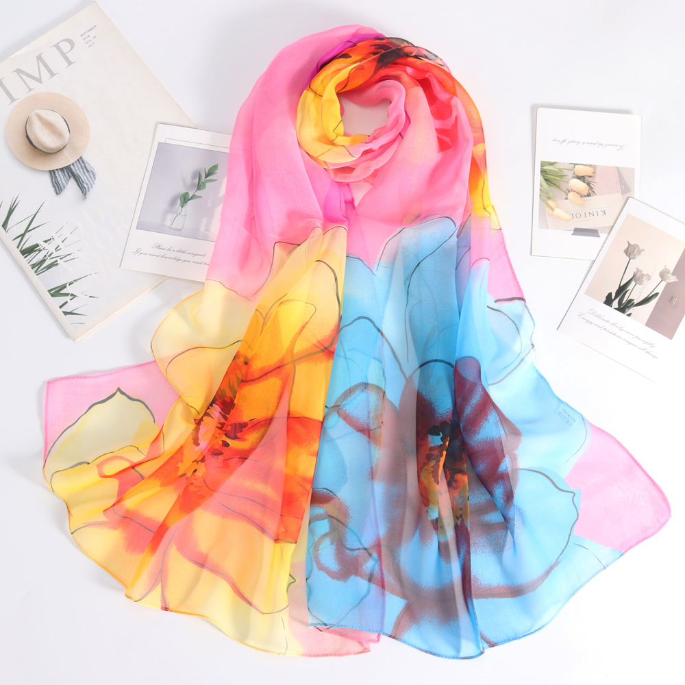80g Weight Women's Elegant Simple Style Color Block Flower Georgette Printing Silk Scarf