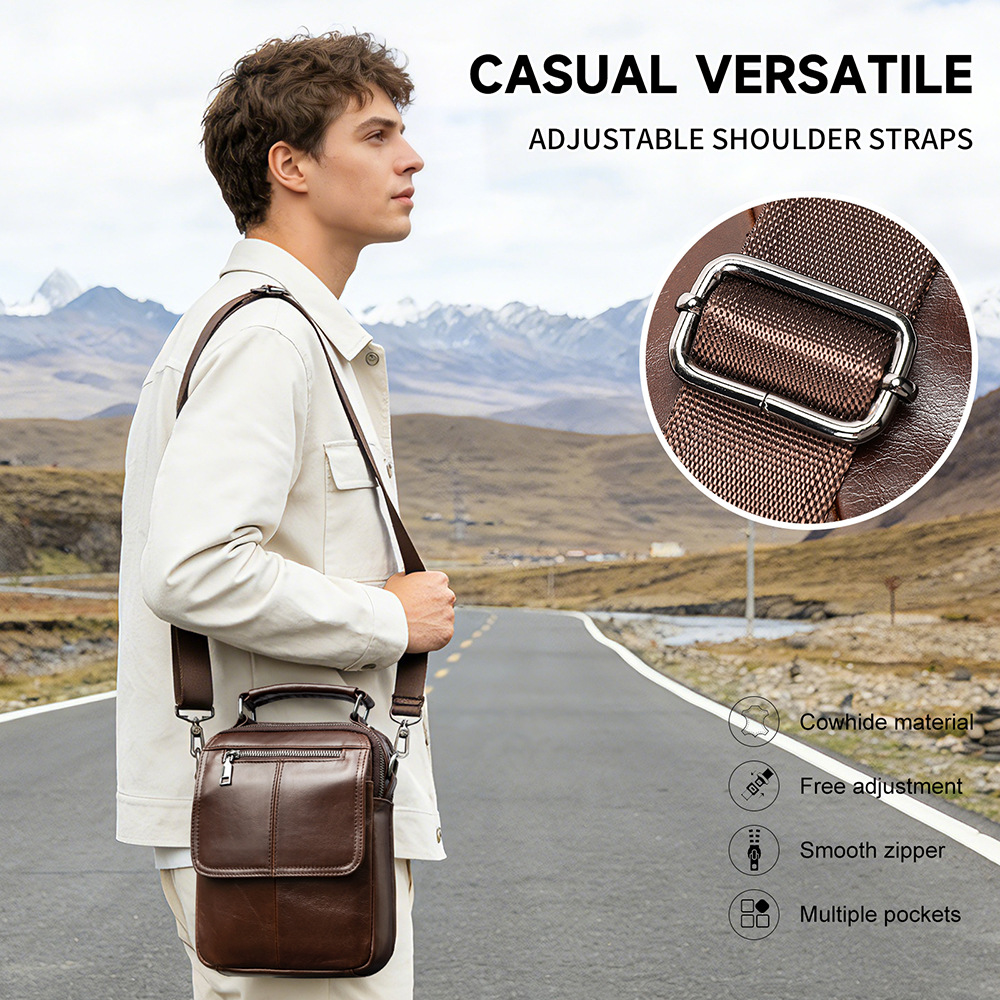 Túi đeo chéo nam da bò thật dạng đứng nắp gập, phong cách casual — Đen, Nâu, 18*7*23cm