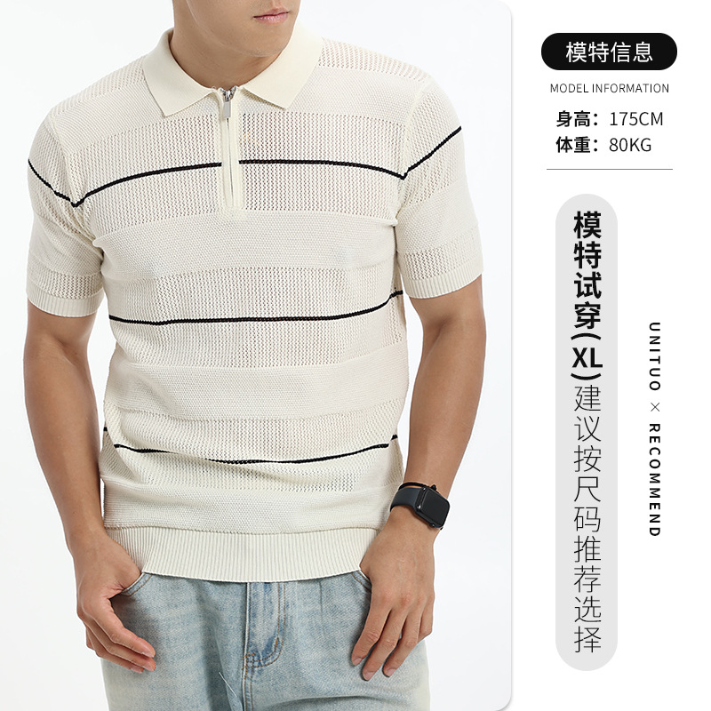 Cross-border hombre hielo de punto camisa de polo de manga corta lujo ligero negocio casual con collar rayas agujeradas camisa de polo hombre