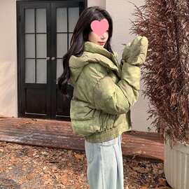 绿色扎染连帽短款羽绒服女冬季新款设计白鸭绒外套小个子