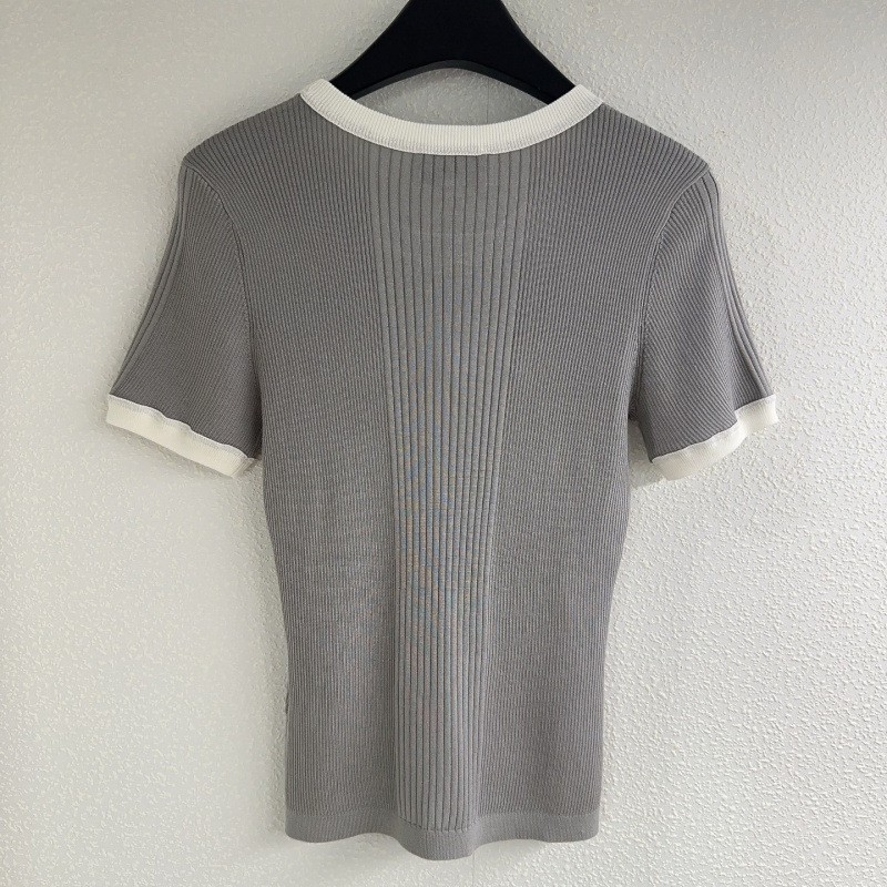 25 Summer Xiaoxiangfeng Thin Slim Fit Sweater Contrast Color Short Sleeve Round Neck Top Nanyou Women's Clothing