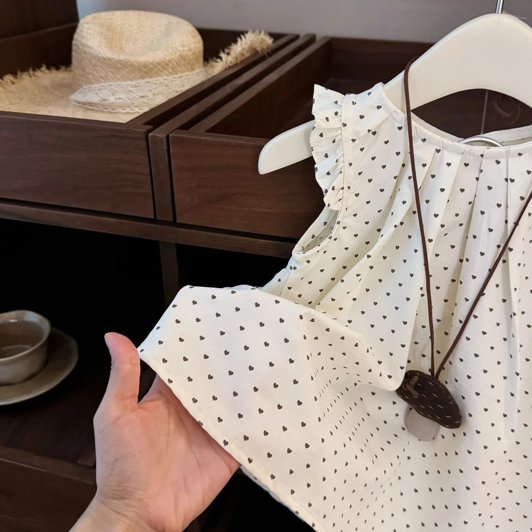 [Xianning Seven] Linda ropa coreana para niños niñas verano nuevo estilo lunares mangas voladoras chaleco estilo occidental vestido de princesa