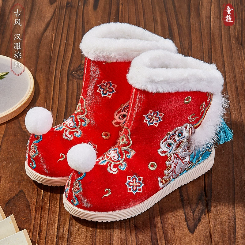 Старинные Костюмные сапоги Короткие сапоги в национальном стиле Новогодняя обувь Ботинки дракона Красного новогоднего зверя Хань осенне-зимние ботинки с вышивкой детские ботинки в старинном стиле