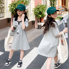 女童連衣裙2023夏季休閒POLO領連衣裙中大童個性撞色領童裙
