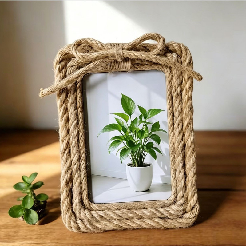 Popular vintage woven rope wooden photo frame, pastoral style creative decorative tabletop home photo wooden frame ornament