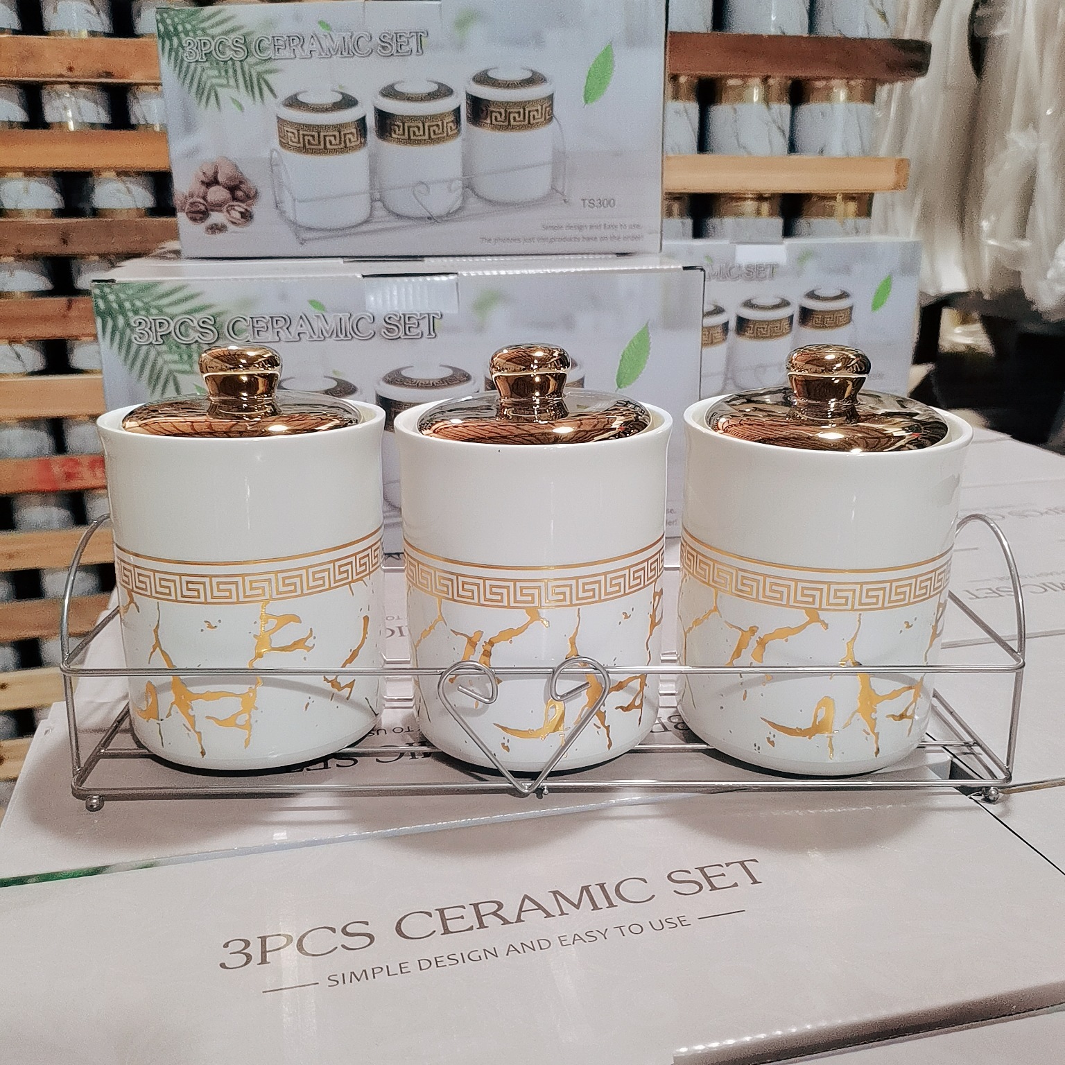 Transfronterizo de Oriente Medio Exportación de cerámica sellada jarra con estante de hierro condimento Jar de almacenamiento de cocina jarra de almacenamiento de dulces tarro de té