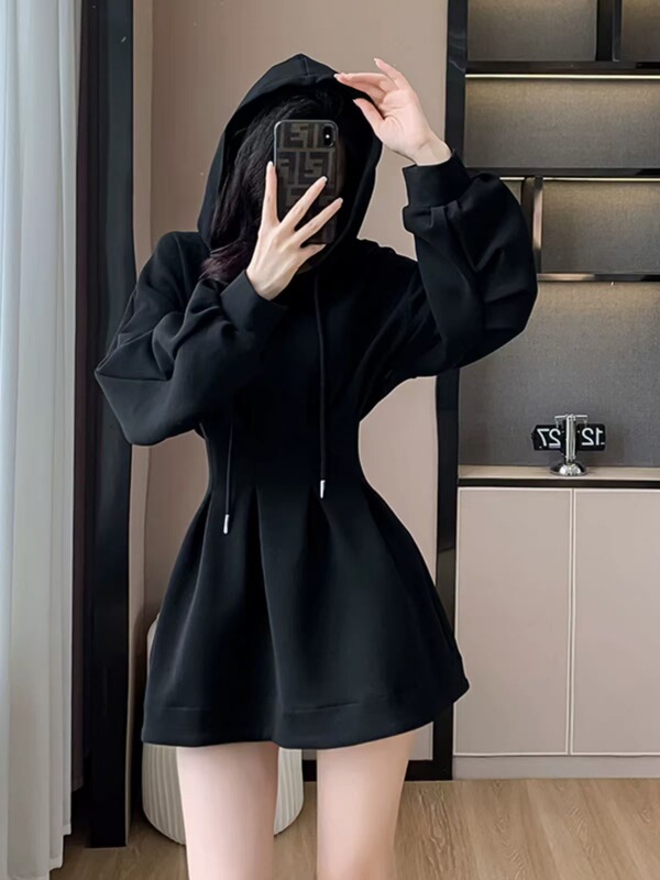 黑色辣妹显瘦高级感小个子连衣裙收腰卫衣裙秋冬季新款裙子短裙女|undefined