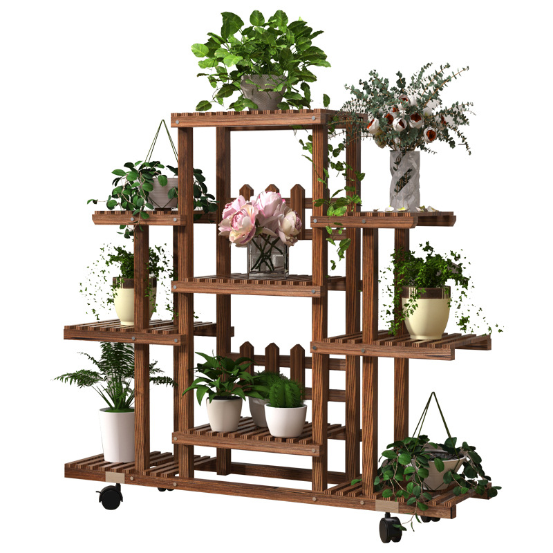 Soporte de flores de madera maciza de pie multi-capa soporte de flores sala de estar interior móvil balcón maceta planta rack de almacenamiento image 6