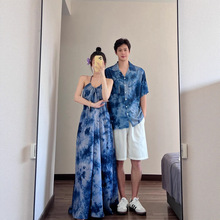 情侣装夏季短袖衬衫扎染吊带连衣裙女法式度假风沙滩长裙一衣一裙