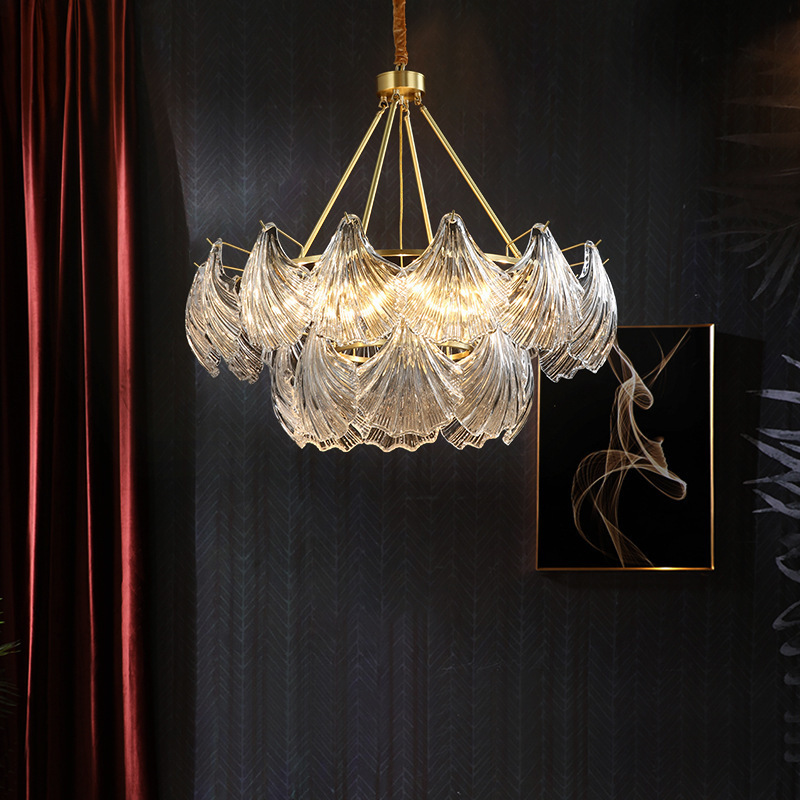 French-Style Pearl Shell All-Copper Crystal Glass Chandelier Light Luxury Personality Living Room Dining Room Hotel Bedroom Main Light Pendant