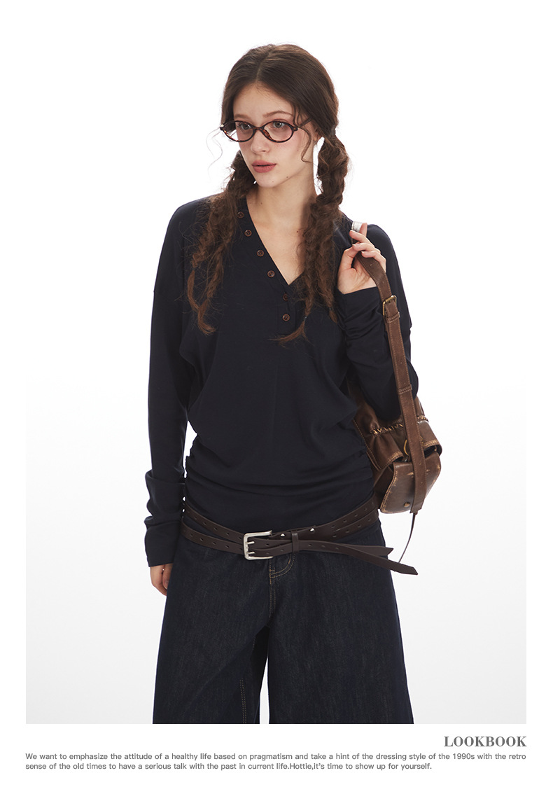 HeyHenry Women's V Neck Slim Fit Long Sleeve T-Shirt Designer Fashion for Autumn Suitable for Inner Layers_ecoleips.com