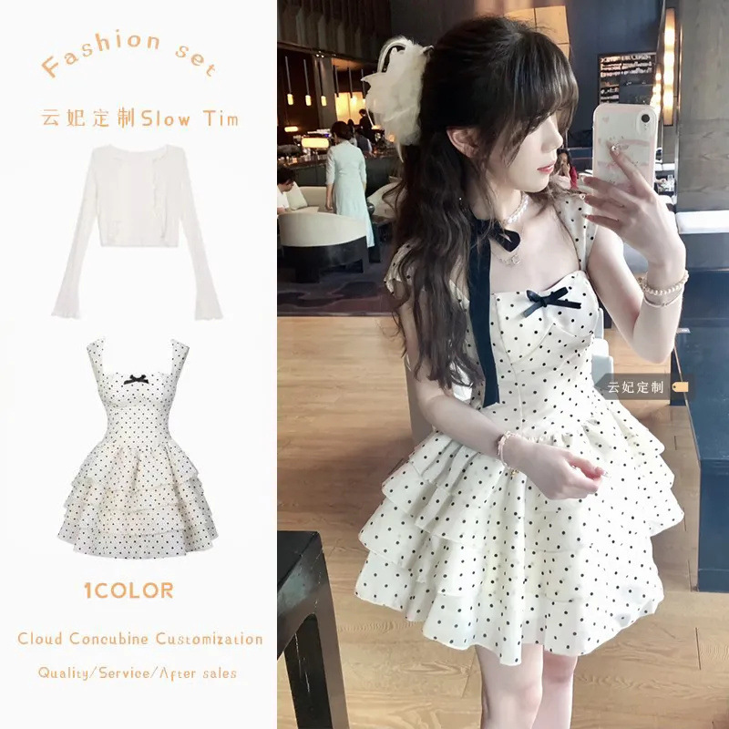Hot Girl Style Bow Polo Dot Strap dress Summer Tight Waist Slimming Niche Super Fairy Stitching Tutu Skirt