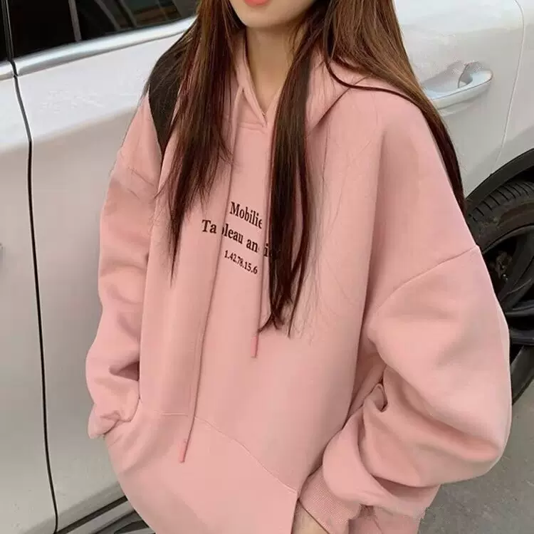加绒加厚新款女装上衣学生连帽字母印花百搭闺蜜装宽松长袖卫衣潮
