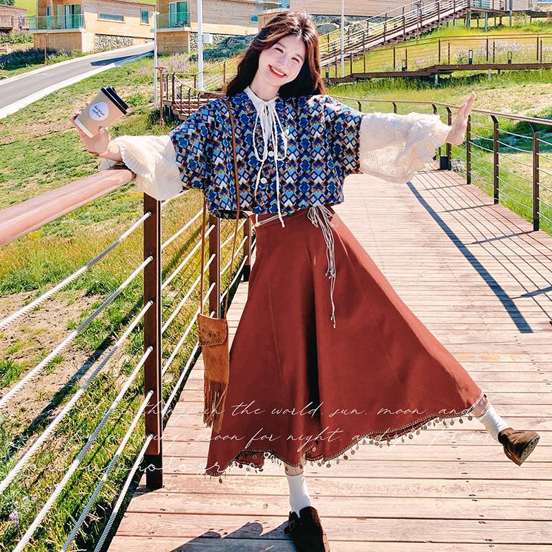 春秋流行衬衫半身裙套装民族风松弛碎花女感背心三件套感|undefined