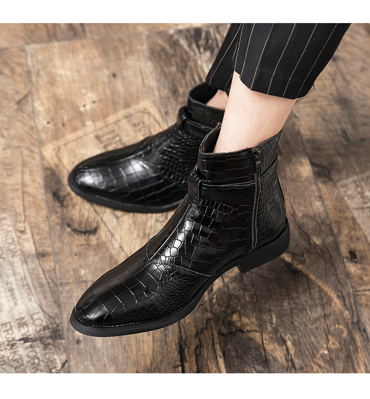 Pointed toe men's leather boots with crocodile pattern leather shoes