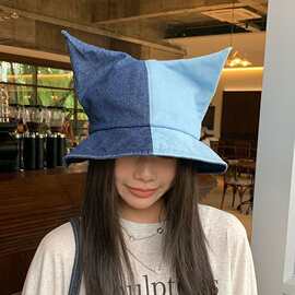 日系恶魔角水洗百搭拼色渔夫帽女春夏潮牌时尚防晒遮阳短帽檐盆帽