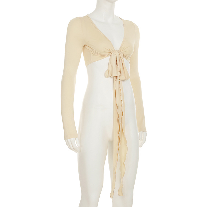 European And American Sexy Style Basic Versatile Skin-colored Strap Low V-neck Ultra-short T-shirt For Women, Slim Fit,_ecoleips.com