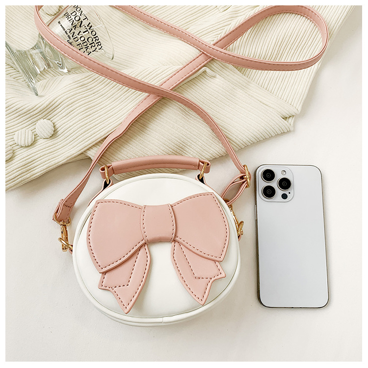 151g Weight Polyester Lining Material Zipper Closure Type Top Handle, Sling Strap Strap Type Crossbody Bag Bags Type Casual, Daily, Shopping Occasion Pu Leather Material Bow Knot Pattern All Seasons Season Girl'S Gender Cute Style Round Shape Girl'S Pu Leather Bow Knot Cute Round Zipper Crossbody Bag 1