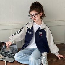 女童秋装外套插肩条纹洋气立领拉链衫中大童秋冬新款宽松长袖外套