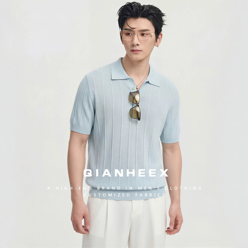 [Italian Old Money Style] Gentleman's Linen Blend Knitted Short Sleeve Men's Polo Shirt Turn-Down Collar Casual T-Shirt Top for Summer