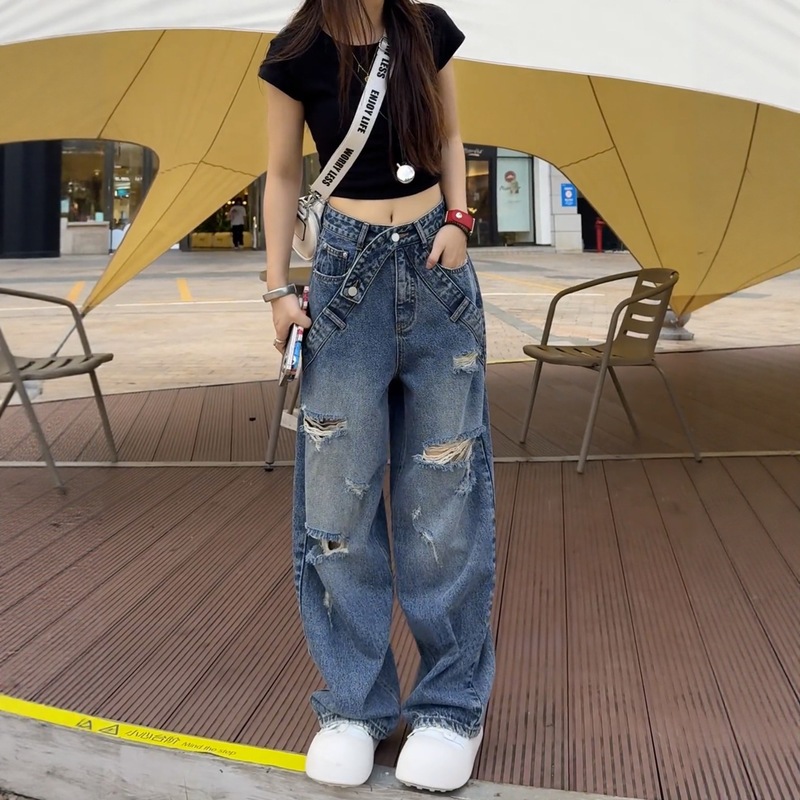 大码破洞阔腿牛仔裤女2025新款复古胖mm显瘦宽松美式直筒弯刀裤子|undefined
