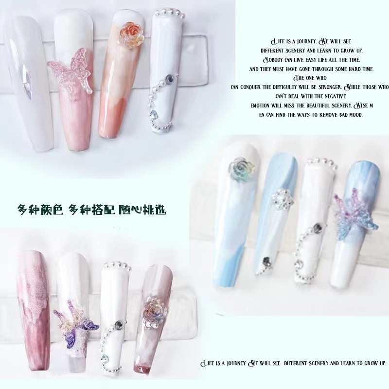 Transfronteriza nueva manicura tridimensional Camelia joyería líquido gradiente mariposa pequeña bola de acero perla mixta accesorios de uñas