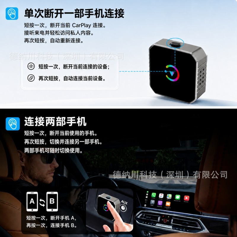 Car-mounted wired to wireless CarPlay box 2-in-1 adapter for Apple and Android Auto car connectivity box