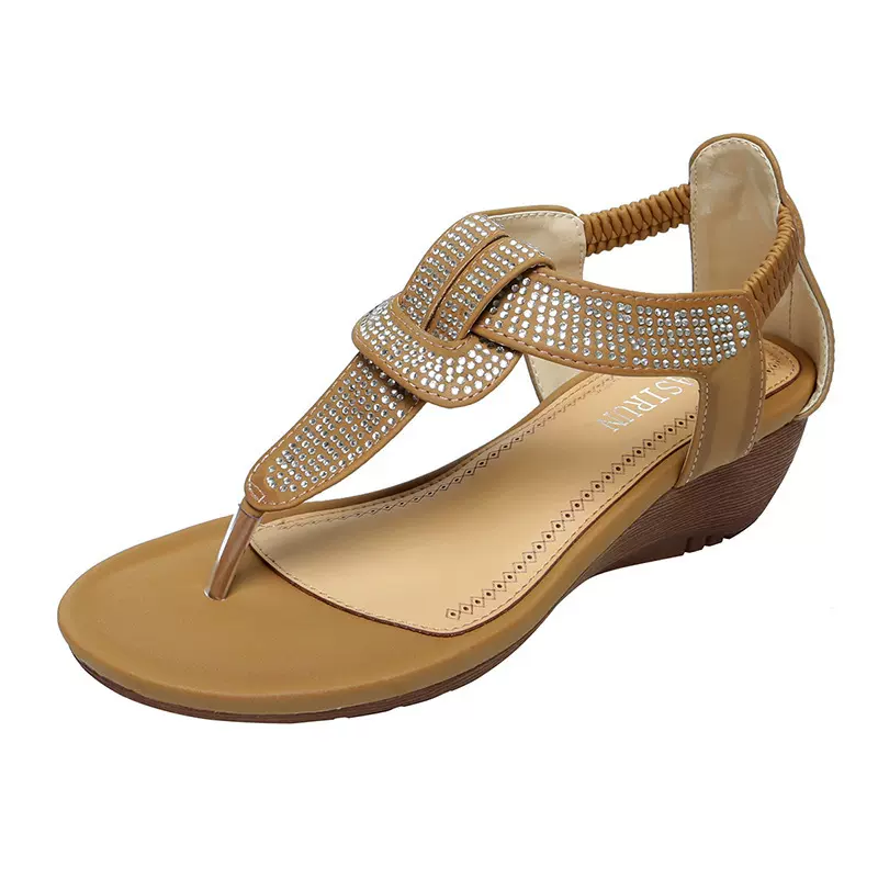 2021跨境新款时尚休闲度假夹趾圆头凉鞋女波西米亚风水钻坡跟凉鞋