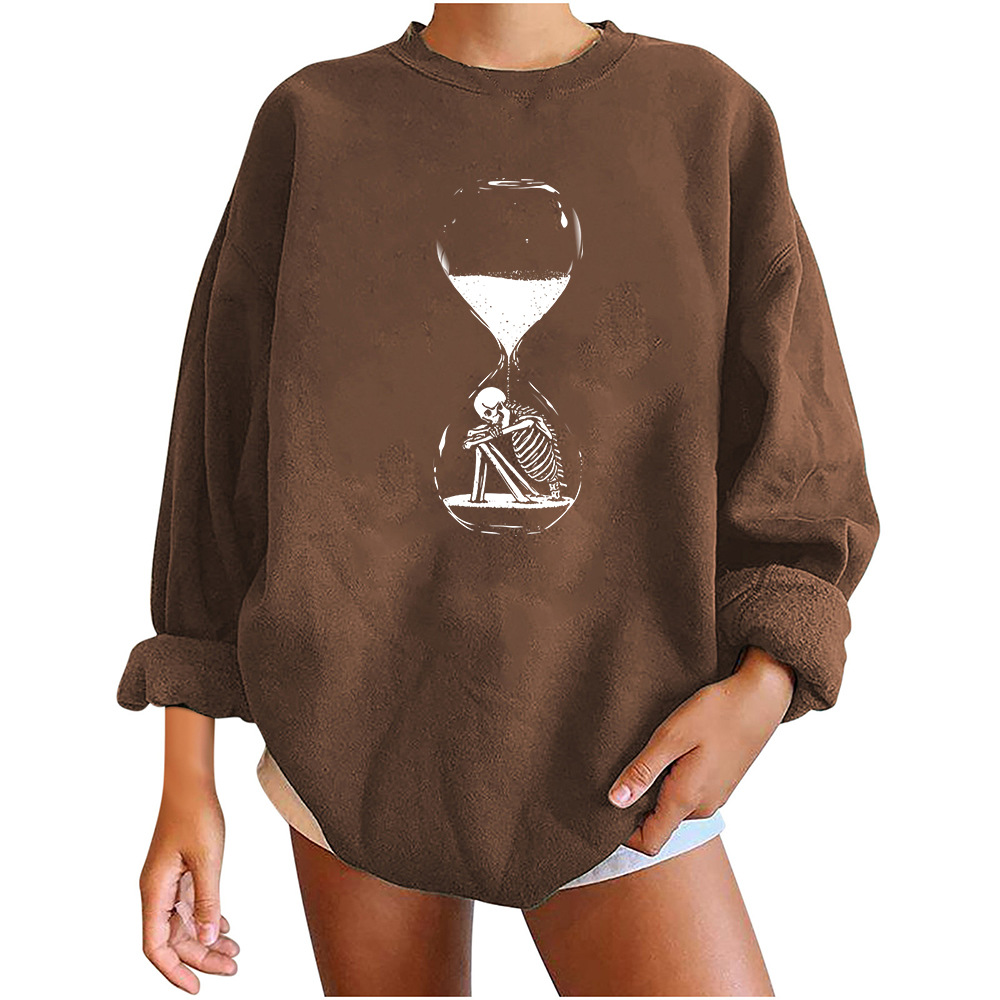 Halloween Sanduhr Skelett Fleece Rundhals Pullover Tropfen Schulter Langarm Herbst/Winter Warm Top Unisex_voghion.com