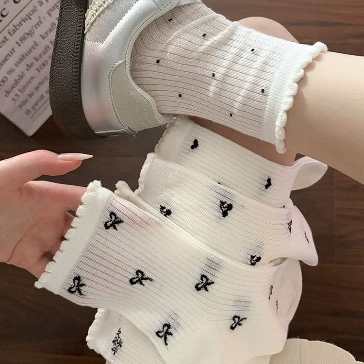 White Pile Socks for Women, Summer Thin Mesh Breathable Spring & Fall Socks for Women, Simple Bow Lace Mid-Calf Socks
