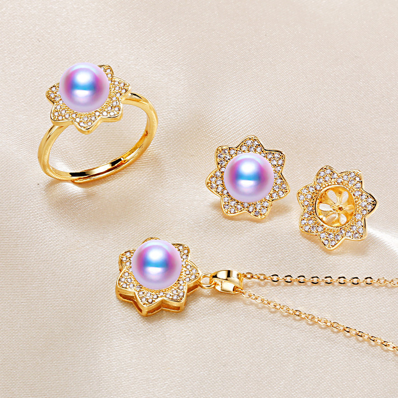 【套装托】珍珠配件套装底托 锆石花瓣套装配件 不含链 真金电镀