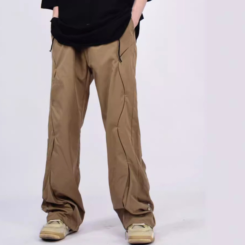American-style Vibe Curved Pleated Niche Design Trousers Men's Drawstring Tooling Micro-horn Pants Casual Pants American-style Vibe Curved Pleated Niche Design Trousers Men's Drawstring Tooling Micro-horn Pants Casual Pants