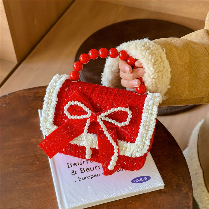 Año Nuevo gran bolso cuadrado rojo para niños bolso de perla bebé lindos bolso de cadena de arco bolso de cambio de niñas