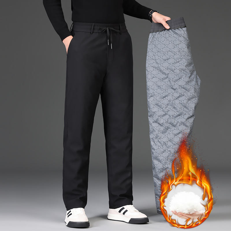 New men's down-filled trousers, white duck down, winter style, casual gray straight-leg trousers for middle-aged and elderly men.