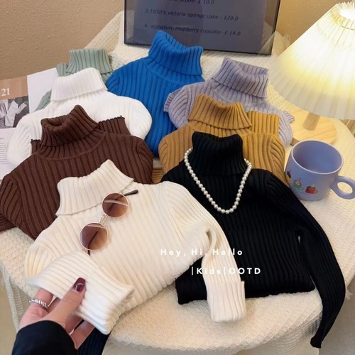 Lemily Children's High Neck Sweater Autumn and Winter New Style Ribbed Pure Color Men and Women Baby Slim Knitted Underwear Warm Sweater