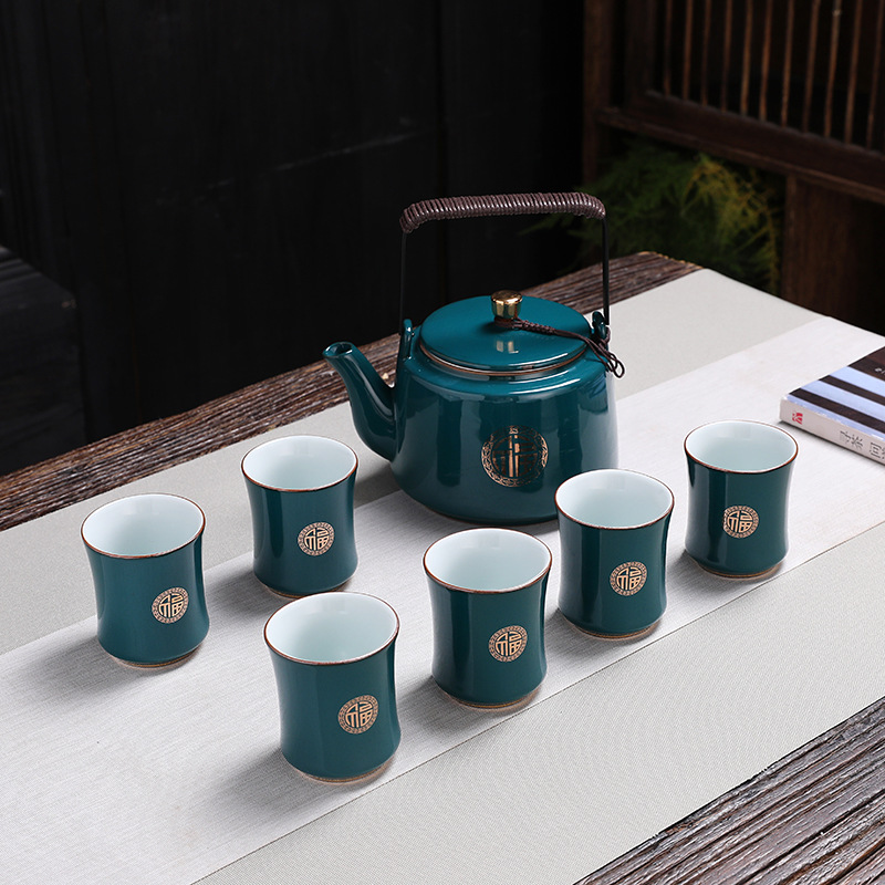 大容量提梁壺茶壺套裝大號高口功夫茶杯家用帶過濾功夫茶具