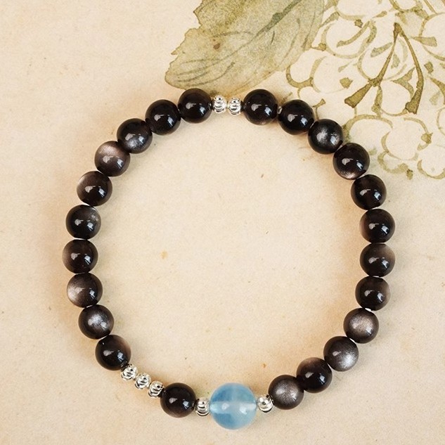 天然黑曜石手链女新中式海蓝宝国学手串爆款精致礼物