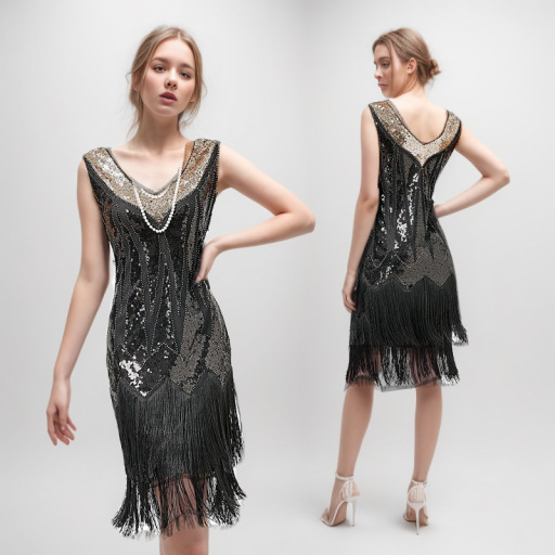 European and American Heavy Industry Beaded Double-Layer Tassel V-Neck Sequin dress 1920s Vintage Gatsby Ball Party Gown
