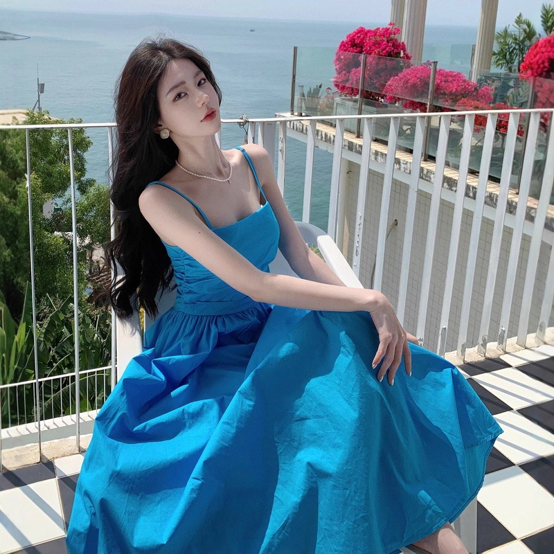 Yunnan Dali Travel Outfit Dress for Women, Sanya Vacation Photo Beach Dress, Hainan French-Style Spaghetti Strap Long Dress Fairy
