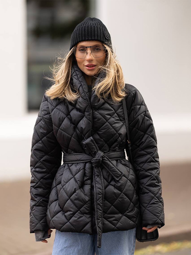 Temperamento de moda sensación de diseño de color sólido correa de algodón cuadrado diamante chaqueta mujer 2025 otoño y invierno nuevo estilo transfronterizo europeo y americano image 4