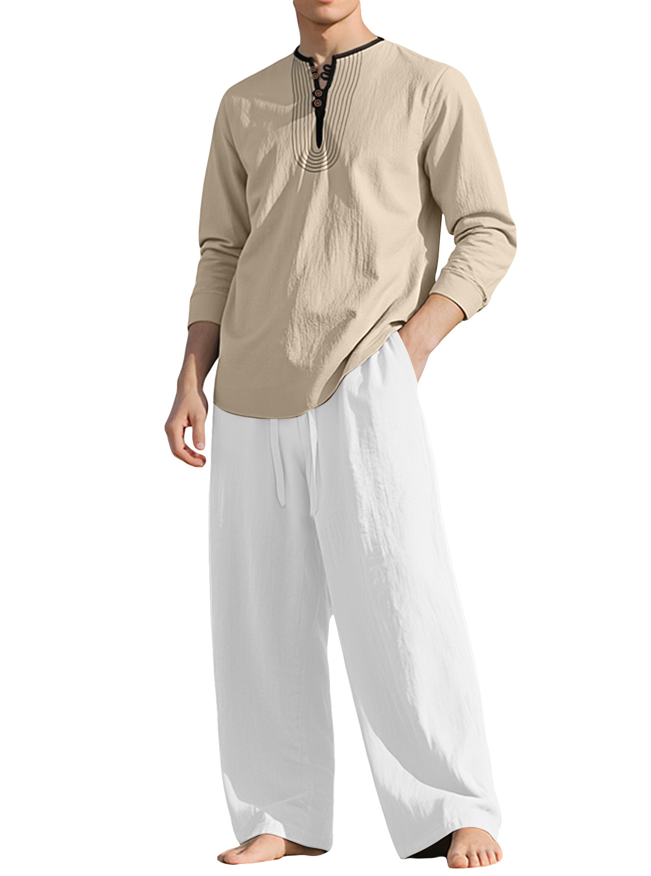 26 fábrica transfronteriza americana cuatro estaciones lino hombre relajado transpirable manga larga camisa de playa set en stock