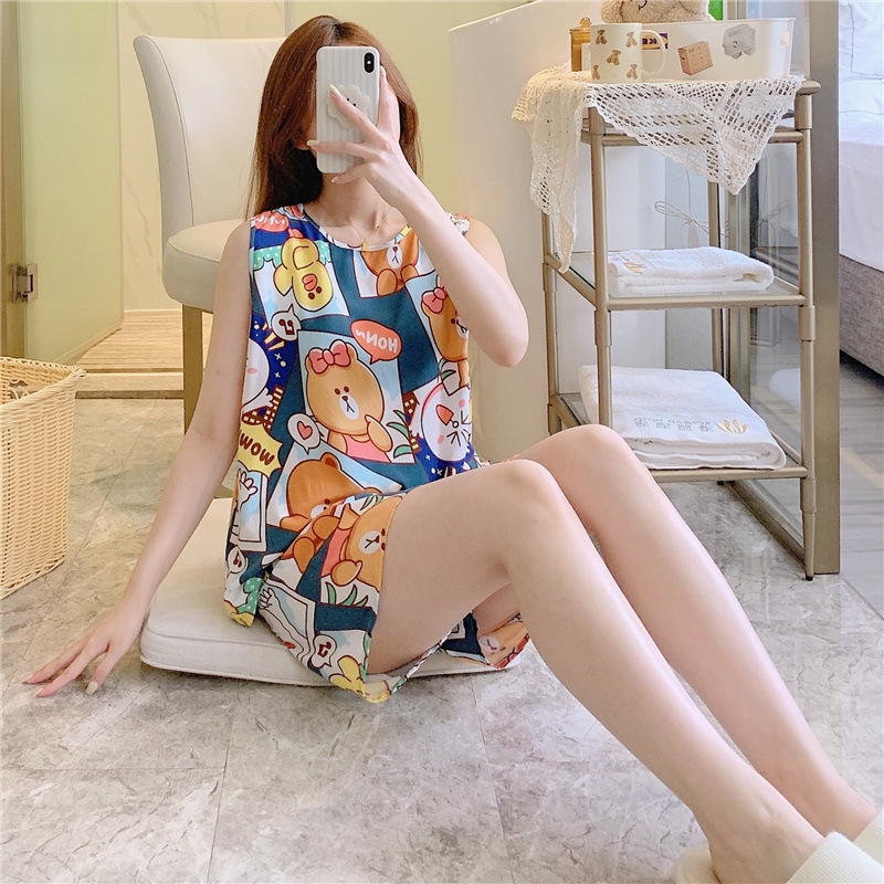 Nuevo pijama de verano de las mujeres de algodón fino de seda lindo de dibujos animados sexy estilo coreano más tamaño traje de dos piezas desgaste del hogar de verano