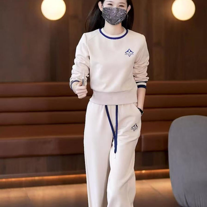 休闲运动套装女2025春秋新款韩版圆领宽松加绒加厚卫衣时尚两件套|undefined