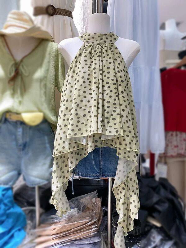 Korean Style Vacation Style Halter Neck Fluttering Collar Polka Dot Camisole for Women 2026 Summer Asymmetrical Flowing Top 1452