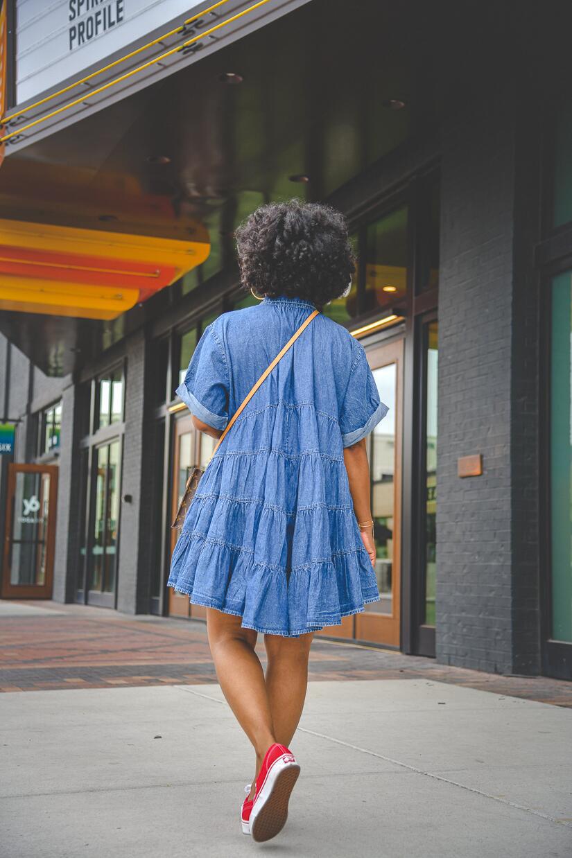 Washed Splicing Blue Loose Stand Collar Denim Shirt dress NSARY126426