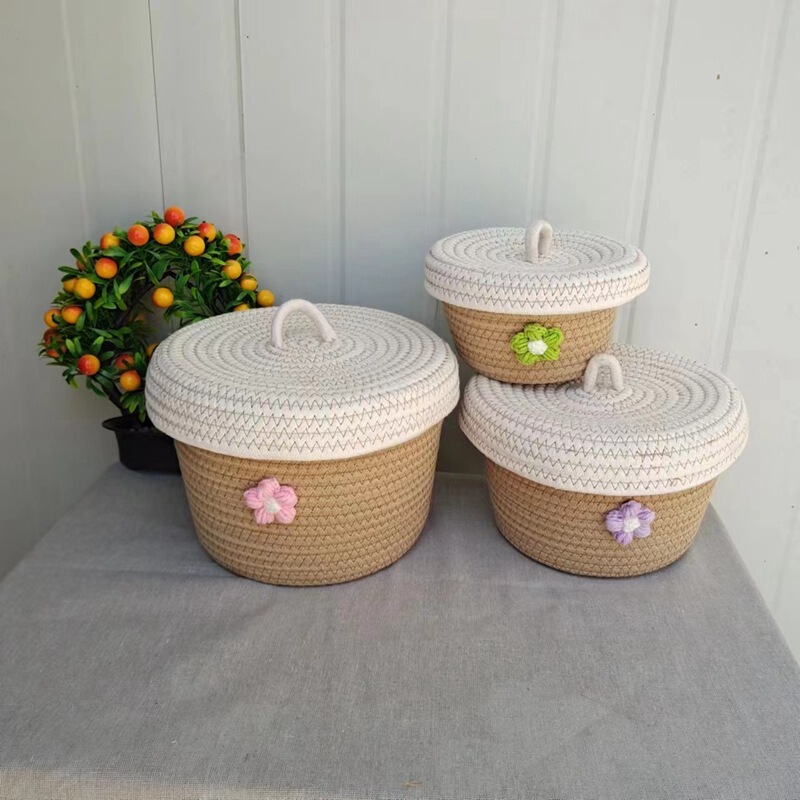 Snack Woven Storage Basket with Lid Clothes Cute Super Cute Cotton Rope Storage High-value Woven Storage Basket Snack Woven Storage Basket with Lid Clothes Cute Super Cute Cotton Rope Storage High-value Woven Storage Basket