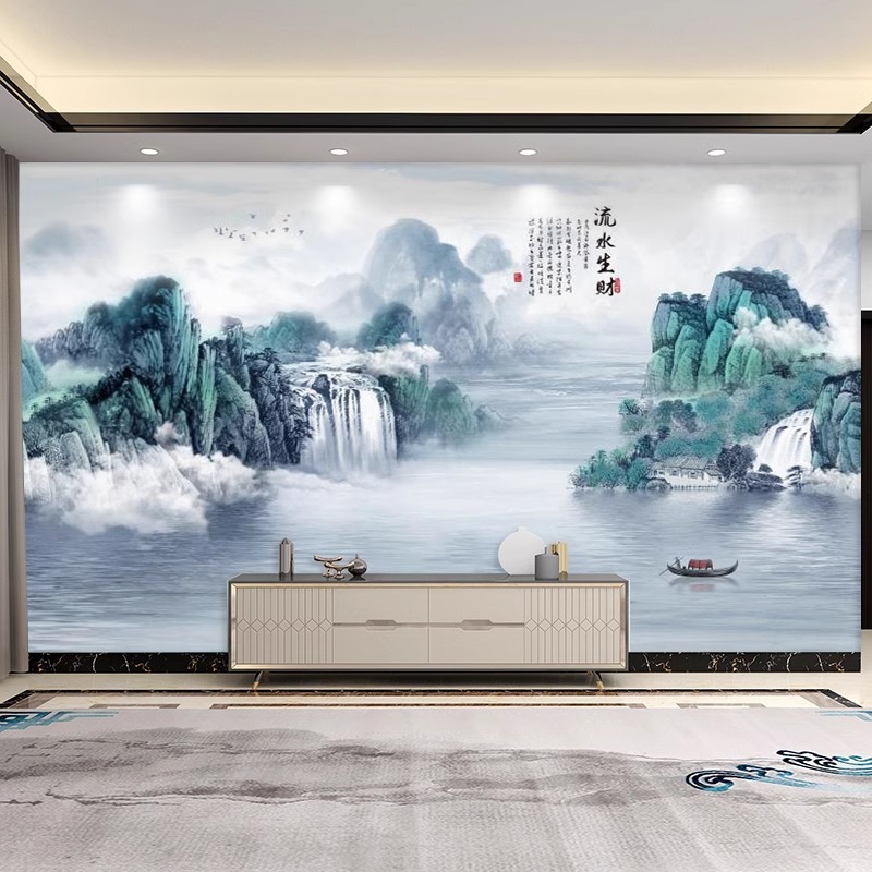 电视背景墙壁画新中式山水画流水生财壁布3D立体壁纸客厅影视墙布|undefined